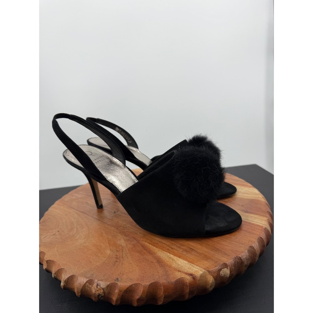 Adrianna Papell Suede Pom Pom Slingback Heels Womens 11M Black Stiletto Sandals